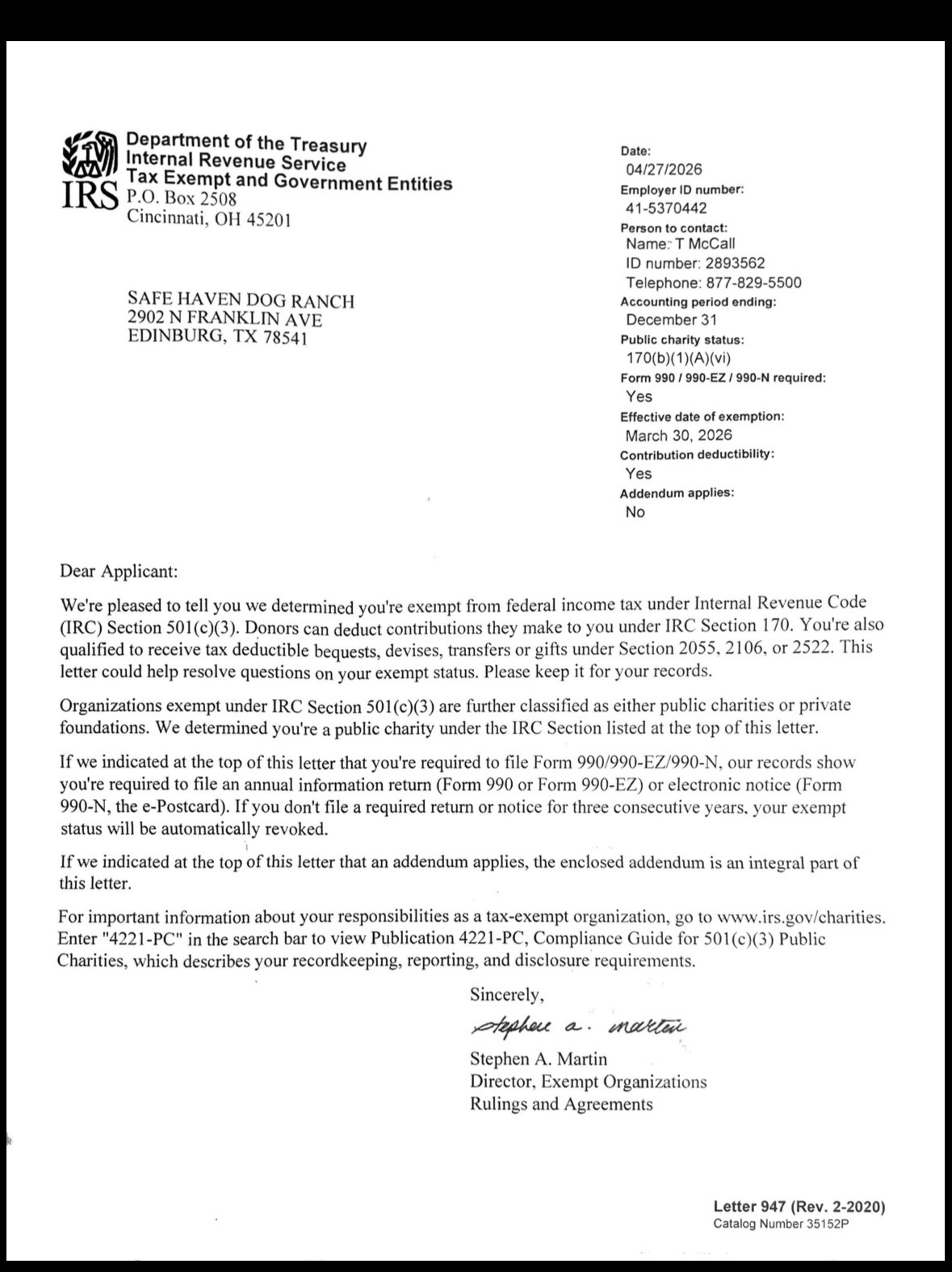 IRS 501(c)(3) Letter